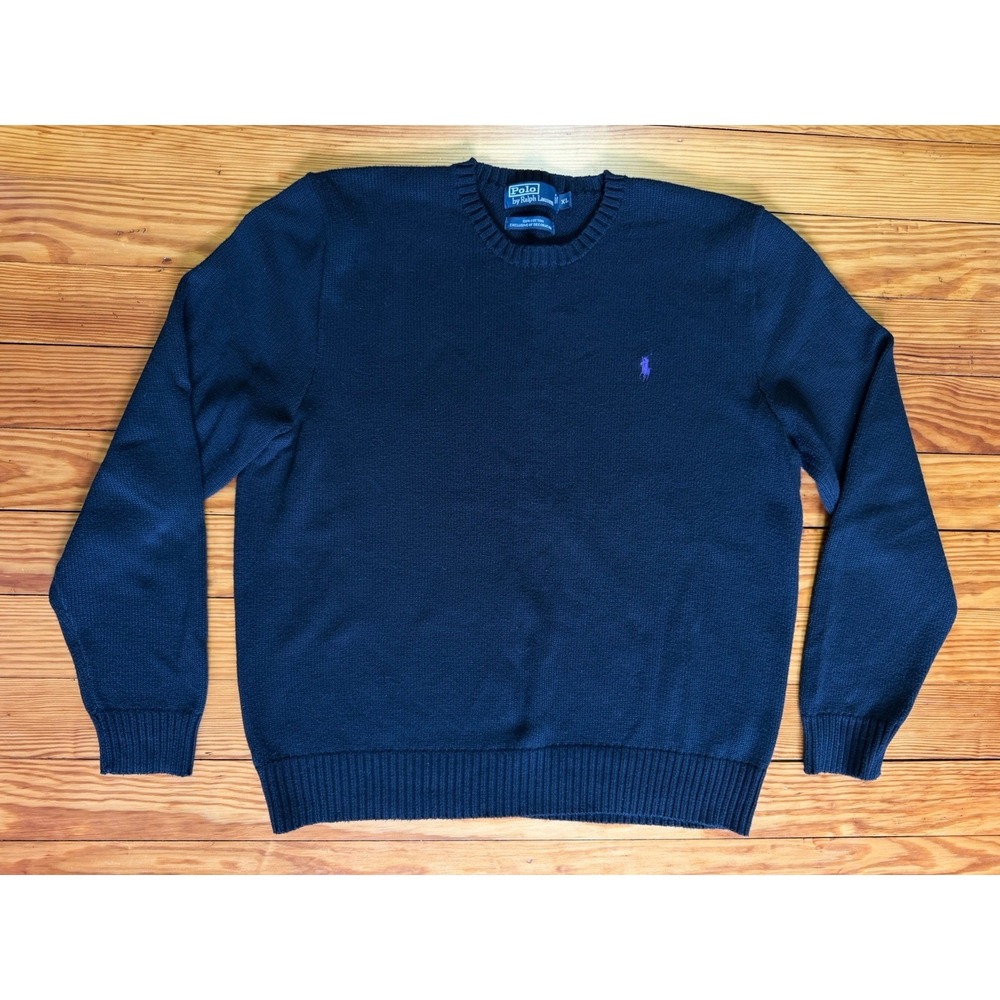 Polo Ralph‎ Lauren Mens XL Black Cotton Crewneck Knit Sweater Purple Pony Logo